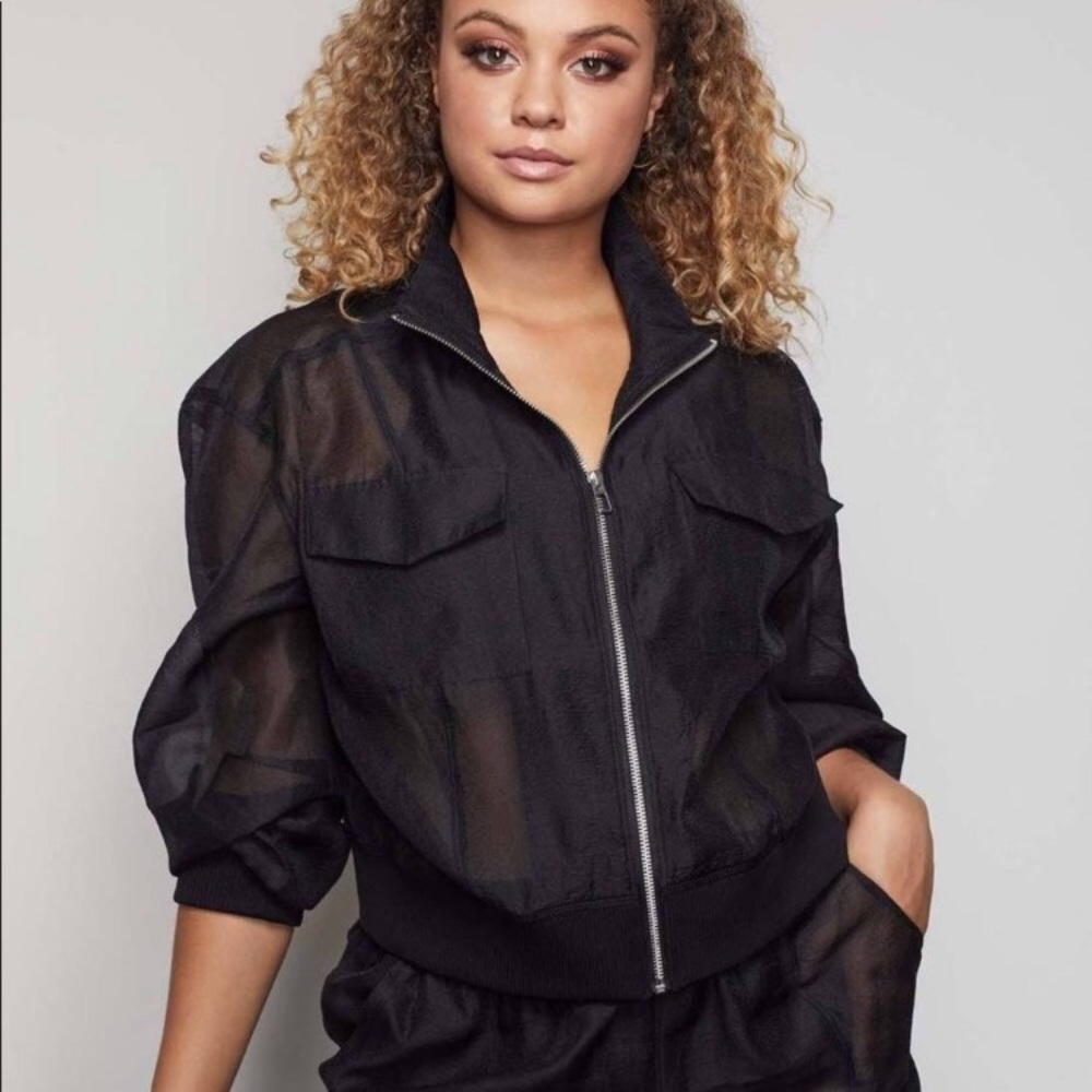 Good American Take Me Out Sheer Crop Bomber Jacket
